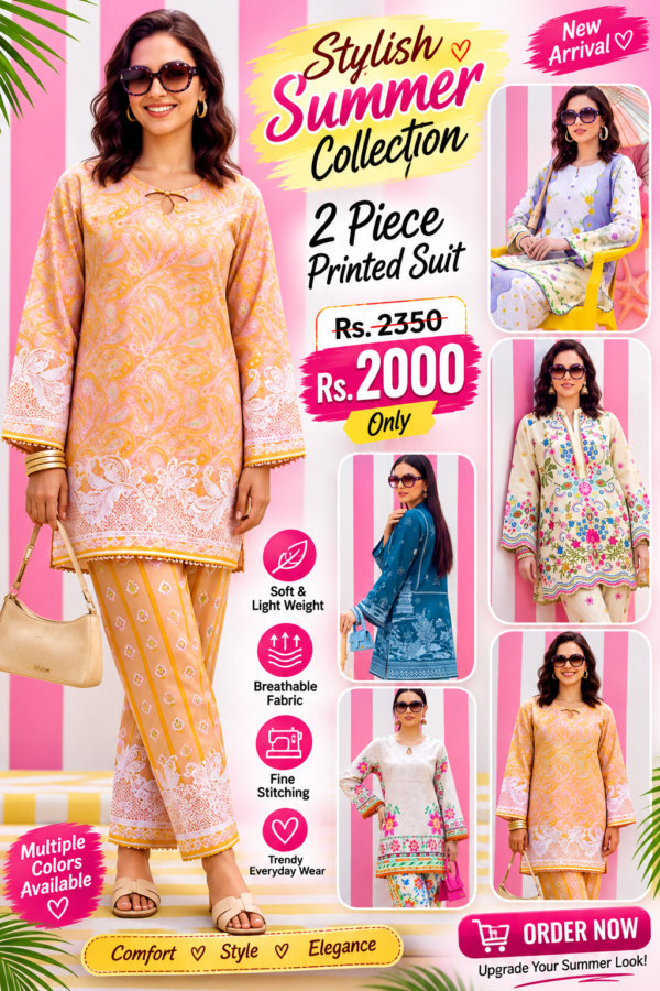 Stylish Summer 2 Piece Printed Lawn Suit for Women