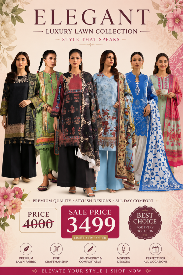 Premium Pakistani Lawn 3-Piece Suit for Women – Elegant Printed Kurta, Trouser & Matching Dupatta