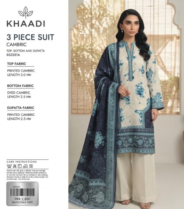 KHAADI 3-Piece Printed Cambric Suit with Digital Printed Zari Dupatta
